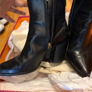 Tory Burch Black Leather Block Heel Booties with Gold Zip Accent